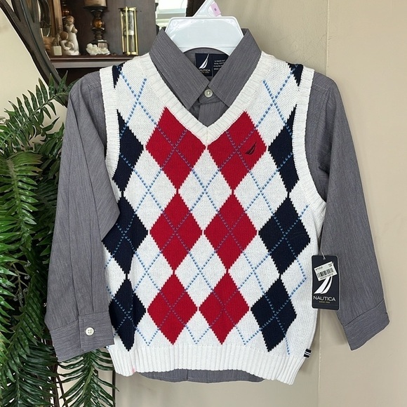 Brand New Nautica 2-Piece Argyle Sweater Vest & Gray Collared Button Down Shirt - Picture 13 of 13